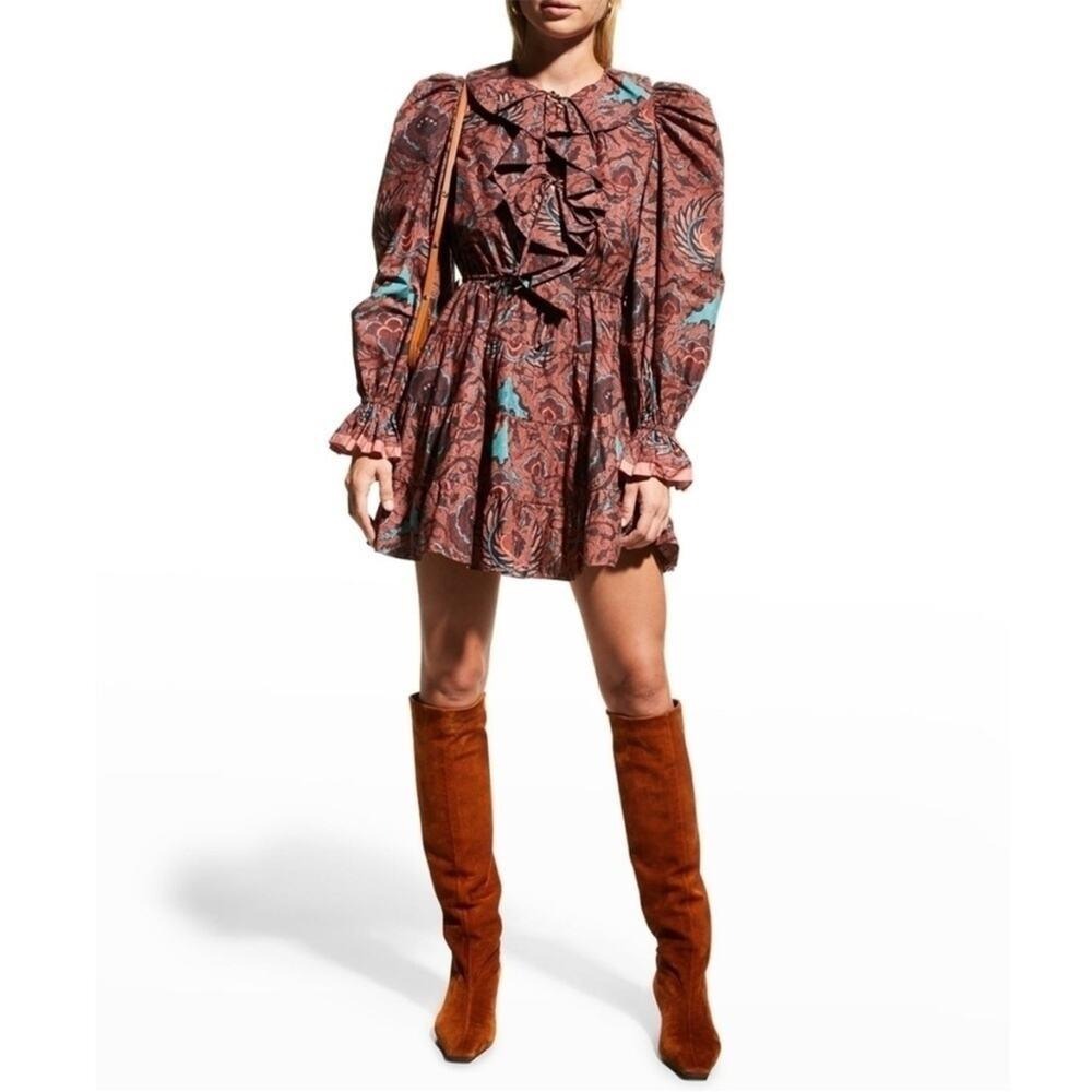 Ulla Johnson Puff Sleeve Ruffle Tied Maroon Caris Dress Women's 12